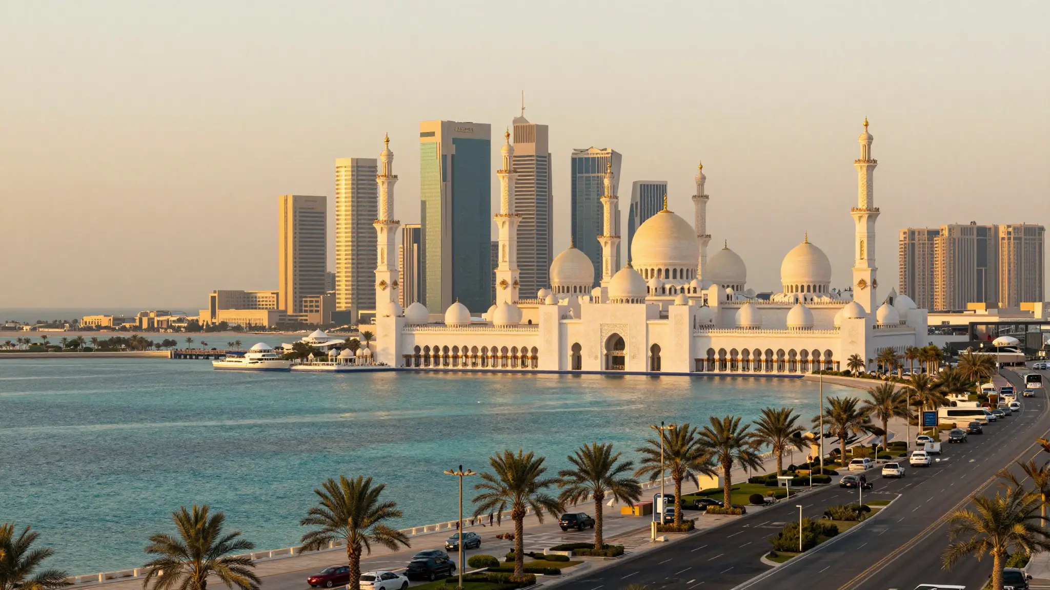 أفق مدينة أبوظبي عاصمة الإمارات مع قباب جامع الشيخ زايد الكبير والواجهة البحرية للكورنيش عند الغروب
